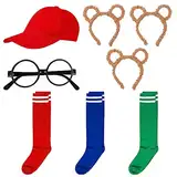 Lvefyti 8 Stück Streifenhörnchen Kostüme Set, Chipmunks Kostüm Set 3 Streifenhörnchen Ohren Stirnband 3 Paar Kniestrümpfe Streifen Socken 1 Schwarze Runde Brillenrahmen 1 Rote Cap Tierkostüm Zubehör