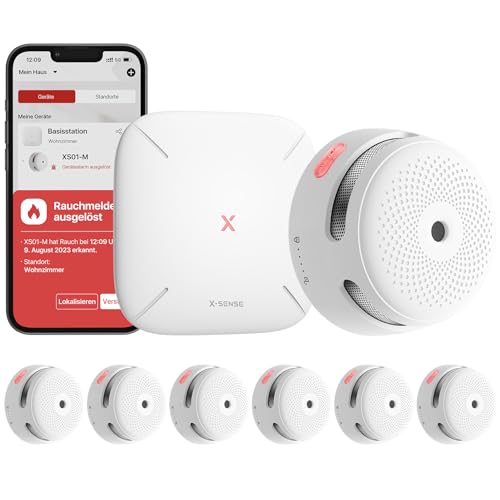 X-Sense Smart Rauchmelder XS01-M mit SBS50 Basisstation, TÜV-Zertifiziert, Funkrauchmelder mit WLAN, vernetzbarer Feuermelder, kompatibel mit der X-Sense Home Security App, FS61, 6 Stück