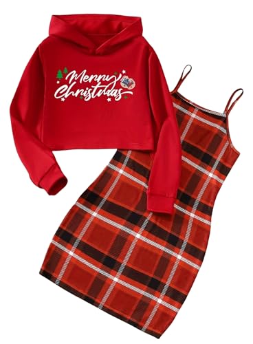 Ella Lust Weihnachten Bekleidungssets Für Mädchen – Langärmliges Oberteil Sweatshirt+ Cami-Kleid Mit Merry Christmas Aufdruck Süße Kleidung Für Alter Von 4-10 Jahren(Red,8Y,1277r)