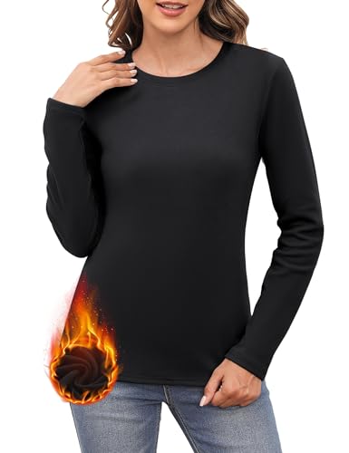 Aottori Thermo Langarmshirt Damen Oberteil Fleece Longsleeve Thermounterwäsche Warm Pullover Stretch Rundhals Skiunterwäsche Wandershirt Schwarz M