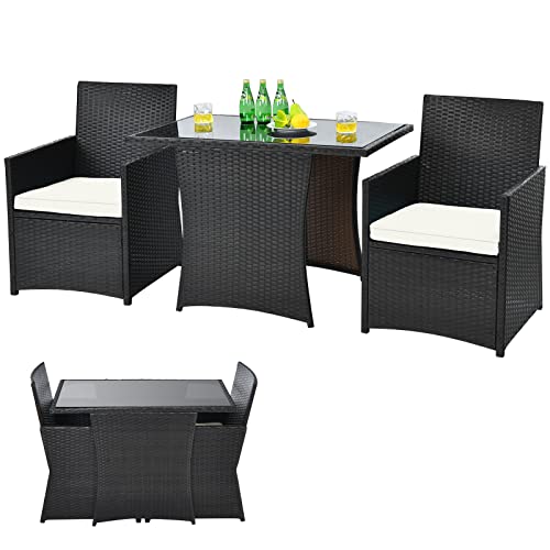 COSTWAY 3tlg. Polyrattan Gartenmöbel Set, 2 Sessel und 1 Beistelltisch mit Glasplatte, Rattanmöbel Platzsparend, Gartenlounge Gartengarnitur Sitzgruppe, Sitzgarnitur Gartenset inkl. Sitzkissen