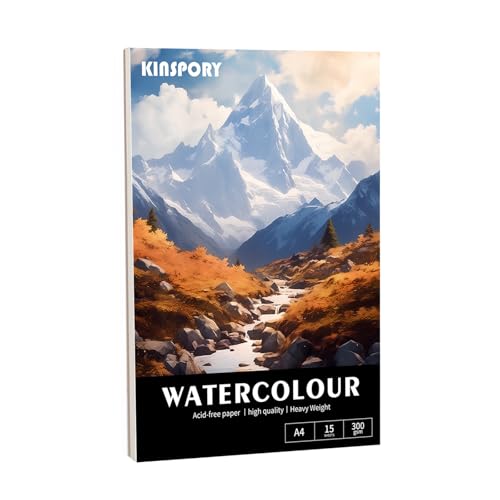 KINSPORY Aquarellpapier, 300g/m2, Aquarellpapier Block 15 Blatt, A4-21 x 29.7cm, Wasserfarben Papier