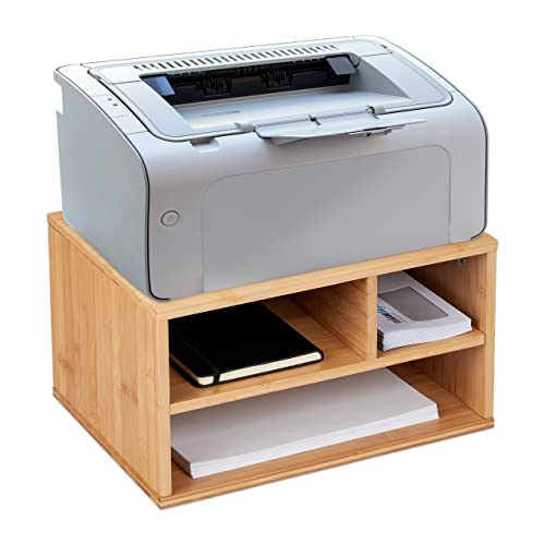 Relaxdays Printer Stand Druckerständer Schreibtisch, 3 Fächer, Regal für Drucker, HxBxT: 22 x 40 x 30 cm, Bambus Organizer, Natur, 100