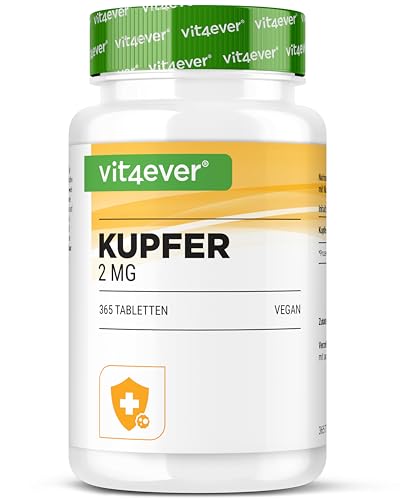 Kupfer - 365 Tabletten mit jeweils 2 mg - 1 Jahresvorrat - Laborgeprüft - Hohe Bioverfügbarkeit - Kupfergluconat - Hochdosiert - Vegan - Ohne unerwünschte Zusätze