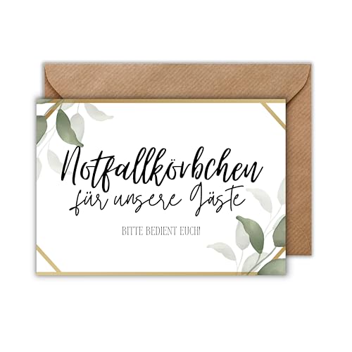 WBdesignz Notfallkörbchen Schild Hochzeit mit Umschlag – Karte „Für unsere Gäste – Bitte bedient euch - elegante Deko im Greenery-Stil für Hochzeitsfeier, Event, Party querformat (DIN A6)