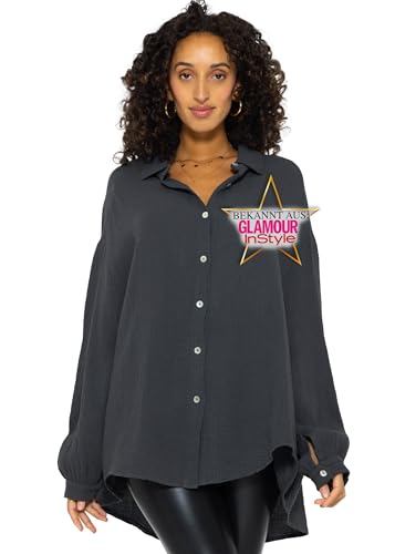 SASSYCLASSY Oversize Musselin Bluse Damen Langarm in Dunkelgrau - Oversized Freizeit Look - Hemdbluse lang aus Baumwolle mit V Ausschnitt - Long-Bluse One Size (Gr. 36-48)