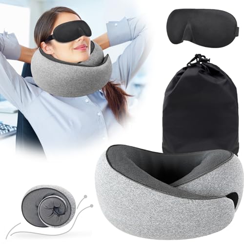 Fosoloni Nackenkissen Flugzeug Set, Praktisches ergonomisches Reisekissen, Travel Pillow Nackenstützkissen aus Memory-Schaum, Reise Nackenkissen Augenmaske und Ohrstöpsel für Büro Hotel Reisen