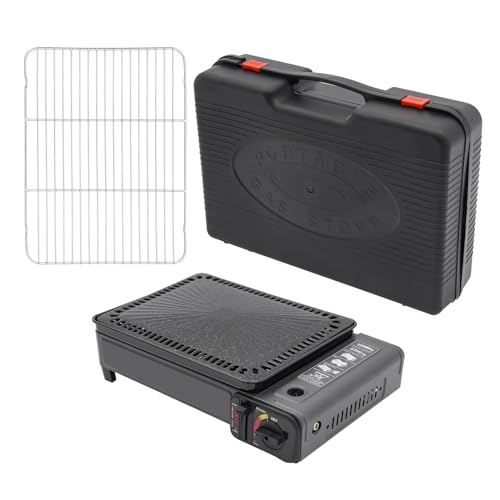 ACROSSPART Tragbarer Camping Grill Gasherd Camping-Grill BBQ Gasgrill Klein mit Grillnetz und Koffer Gasgrill Camping für Camping Reisen und Outdoor Kochen