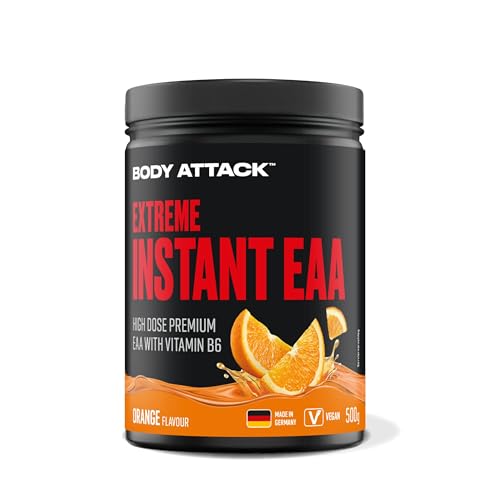 Body Attack INSTANT EAA PULVER - Orange - 500g - Made in Germany - 8 essentielle EAA Aminosäuren für eine Protein reiche Ernährung & Muskelaufbau Training