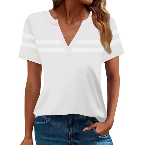 ?????????????? & ??????????, Longbluse Damen Sommer Kurzarm Übergrößen Shirt Clubkleidung Moderneen Farbblocks Luftige Tailliert V Ausschnitt Blusen Elfenbein 3XL