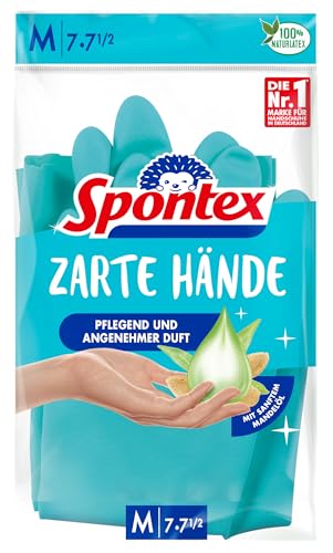 Spontex Zarte Hände, pflegende Haushaltshandschuhe mit sanftem Mandelöl, aus Naturkautschuklatex - Größe M, 1 Paar
