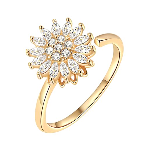 Cosswe Angst Spinning Ringe für Damen, Offener Ring Fidget Spinner Ringe, Anxiety Ring Sonnenblume Zirkonia Zappelringe, Verstellbare Stapelbare für Stress Abbauen (Gold)