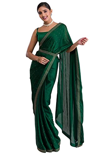 TRENDMALLS Damen Moss Chiffon Siroski Arbeit Sari mit Gürtel Ungenähte Bluse Stück, Dunkelgrün, Einheitsgröße