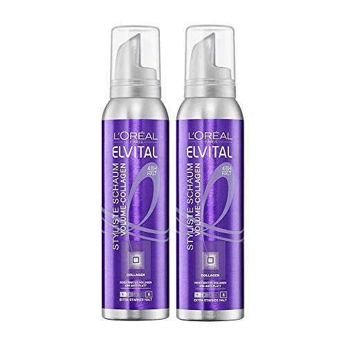 L'Oréal Paris Elvital Styliste Schaumfestiger, Haarschaum für XXL-Volumen, Anti-Platt Effekt und ultra starken Halt, Haar Styling Mousse ohne Parabene, Volume-Collagen, Elvital Styliste, 2 x 150ml