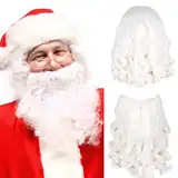 Kinyoda Weihnachtsmann Bart und Perücke Set, Nikolaus Perücke Weiß Weihnachten Santa Weihnachtsmann Kostüm Weihnachtsmann Zauberer Wig zum Verkleiden als Nikolaus für Karneval Urlaub Party