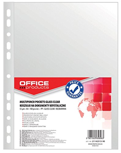 OFFICE PRODUCTS Kataloghüllen Prospekthüllen / Din A4/ Glasklar Kristallklar Oben Offen Klarsichthüllen Sicht-Hüllen Gelochte Plastikhülle /PP/ Transparent 55 Mikron, 100 Stück (1er Pack)