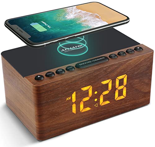 ANJANK Digitaler Radiowecker aus Holz mit Kabelloser Ladestation，10W Fast Wireless Charger for iPhone/Samsung Galaxy，LED Display mit 5-stufiger Dimmer,USB Ladeanschluss,Uhrenradio ohne Ticken, Braun