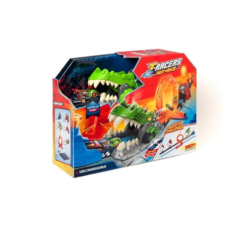 T-Racers Mix 'N Race Volcanosaurus Piste für Spielzeugautos, enthält 1 Auslöser, 3 Pisten, 1 Exklusives Nitro Rex Auto und 4 Stunts