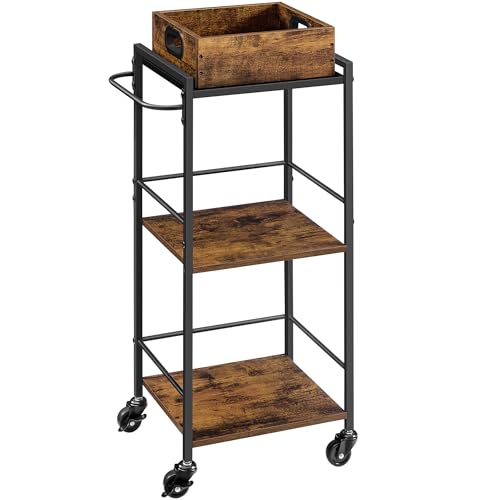 VASAGLE Servierwagen, Küchenwagen, abnehmbares Tablett, mit verstellbaren Füßen und Rollen, Küchenregal, Stahlrahmen, 30 x 34,7 x 86 cm, Industrie-Design, vintagebraun-schwarz LRC062B01