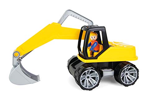 Lena 4411 Truxx Bagger, ca. 44 cm, mit vollbeweglicher Spielfigur, Baustellen Spielfahrzeug für Kinder ab 2 Jahre, robuster Schaufelbagger mit funktionstüchtigen Baggeram und Haltegriff, gelb