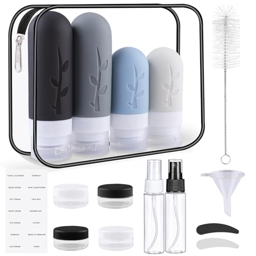 Revivoer Silikon Reiseflaschen, 16 Stück Reiseset mit Silikon Reiseflaschen Auslaufsichere Travel Bottles und Reise Shampoo Behälter BPA-frei Praktisches Reiseflaschen Set (Schwarz)