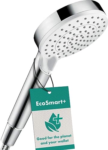 hansgrohe Crometta - wassersparender Duschkopf 6 l/min (EcoSmart), Handbrause mit 2 Strahlarten, runde Duschbrause (⌀ 100 mm), Sparduschkopf mit Antikalk-Funktion, Weiß/Chrom, 26336400