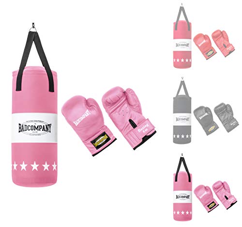 Bad Company Boxset für Kinder und Jugendliche bis 12 Jahre pink - Boxsack gefüllt mit Aufhängung 55 x 25 cm und Boxhandschuhe Kinder 8oz - Boxsack Set Kinder hängend