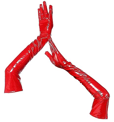 FEOYA Damen Lange Handschuhe Glänzende Lederoptik Handschuhe Wetlook Abendhandschuhe Party Accessoire Clubwear A1-Rot L