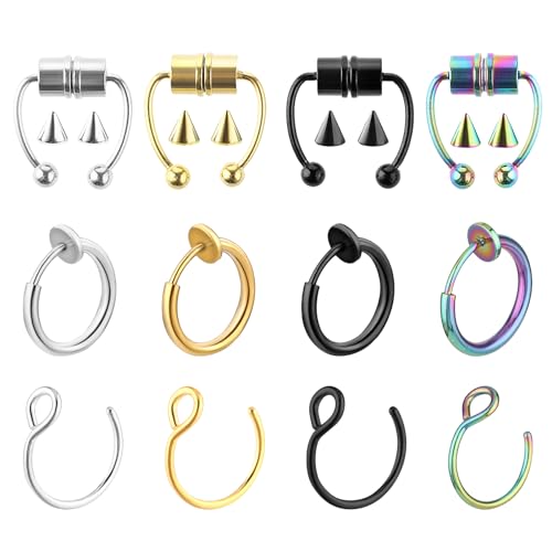 Yolev 12 Stück Fake Nose Ring Nasenpiercing Magnet Gefälschter Septum Piercing Stahlfarbe Roségold Schwarze Fake Piercing Perforiert Rund Edelstahl Modeaccessoires Unechte Piercings