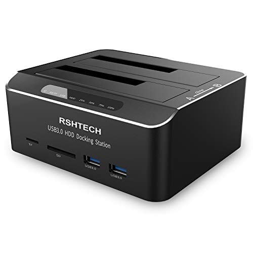 Dualschacht Festplatten Docking Station, RSHTECH USB 3.0 Aluminium Festplatten Dockingstation Offline-Klonen für 2,5 & 3,5 Zoll SATA HDD SSD, unterstützt SD & TF Karte, 2 x 16TB Laufwerke, 6 Gbit/s