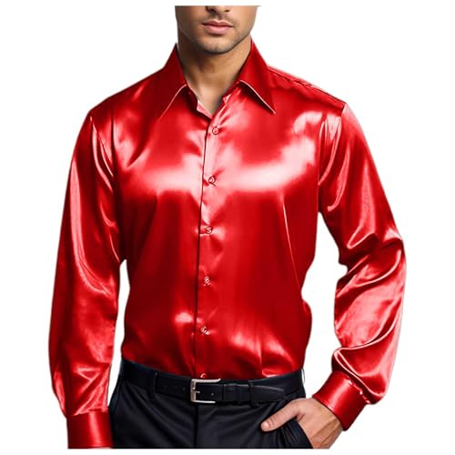 Party Hemd Herren Slim Fit Satin Bluse Langarmhemd Freizeithemden für Herren 70er Langarm Hemden Disco Party Kostüm Arbeitshemd Glänzend Langarmshirt Herren