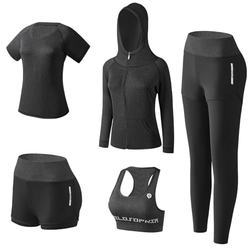 BOTRE Damen Traingsanzug Yoga Kleidung Anzug 5er-Set Sportanzüge Jogginganzug Gym Fitness Kleidung Laufbekleidung Sportswear Sport Yoga Outfit Damen BH Leggings Set (Schwarz, X-Large)