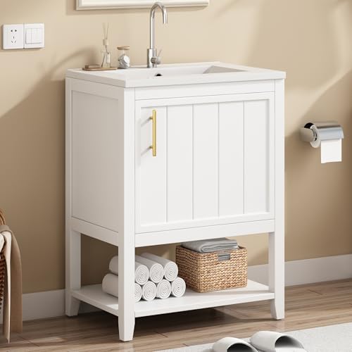 Badmöbel Einzel Waschtisch mit Unterschrank 60cm mit Keramik-Waschbecken,weiß (New-weiß)