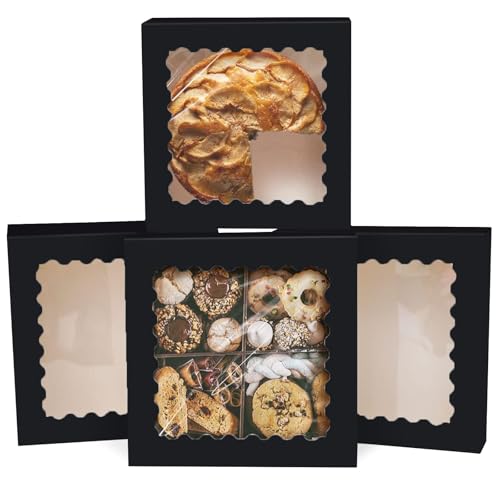 Gcardist Auto-pop Up Schwarz Kuchenboxen mit Fenster 25.4x25.4x6.3cm 12 Stück Keks-Donut-Bäckerei-Box(10x10x2.5 inch)