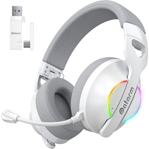 Datarm DH30 Wireless Gaming Headset für PC, PS4, PS5, Mac, Switch, 2.4GHz Verlustfreies Audio Bluetooth Gaming Kopfhörer, Faltbares Headset Mit Noise Cancelling Mikrofon, RGB Licht - weiß