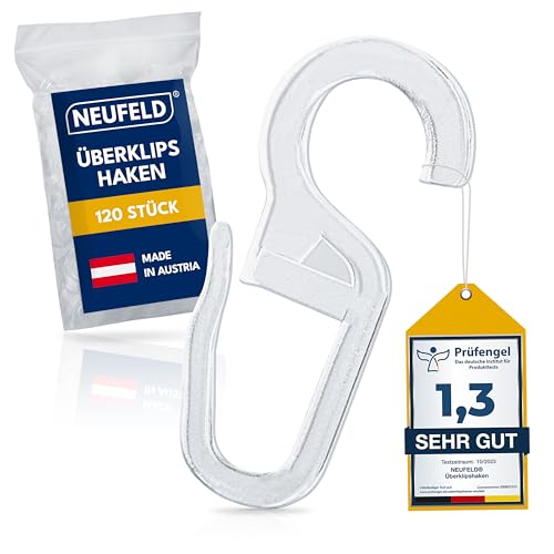 NEUFELD® 120 Überklipshaken mit 10mm Öse | Gardinenhaken für Ringe | Faltenlegehaken für Gardinenringe | Vorhanghaken | Vorhangclipser | Haken Vorhang