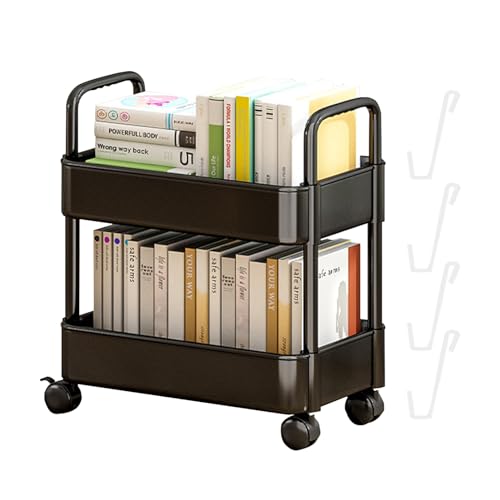 Bücherwagen, Rollwagen, Bücherregal mit Rädern, 2 Ebenen, starke Tragfähigkeit, langlebig und langlebig, Wagenorganizer für Schlafzimmer, Wohnzimmer, Zuhause, Schule (schwarz)