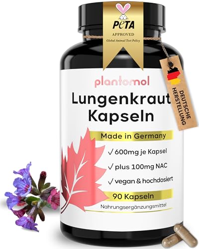 90 Lungenkraut Kapseln hochdosiert - 600mg Lungwort pro Kapsel, angereichert mit Kupfer und Vitamin B2 als Lungen-Power Komplex - plantomol®