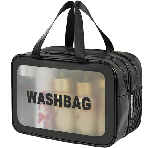 Q-WOOFF Kosmetiktasche，kulturtasche Damen，kulturbeutel Herren， Trocken- und Nasstrennung, tragbare wasserdichte Kulturtasche, Make-up-Tasche mit großer Kapazität, Aufbewahrungstasche (Schwarz, L)