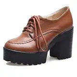 MJIASIAWA Plateau Chunky Heel Oxford Damen Runde Zehen Schnüren Pumps Vintage Höhe Ferse Arbeit Schuhe Braun Gr 40 EU/41Cn Asiatisch