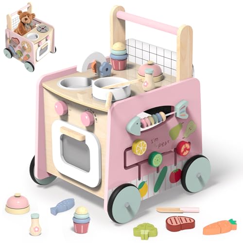 Lauflernwagen Holz, 9 in 1 Baby Lauflernhilfe mit Montessori Spielzeug und Spielküche, Holzspielzeug Baby mit Rädern und Stauraum, Baby Walker Geschenk für Jungen und Mädchen