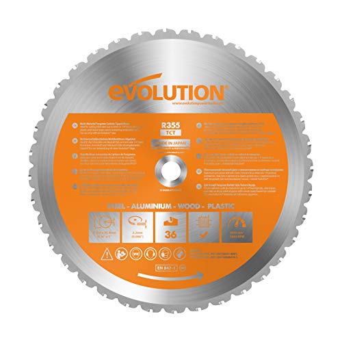 Evolution Power Tools Sägeblatt 355mm für Kappsäge | Mehrzweckschneidklinge mit 36 Zähnen, TCT-Kreissägeblatt |Multimaterial,Schneidet Baustahl, Aluminium, Kunststoffe, Holz mit Nägeln | R355TCT-36T