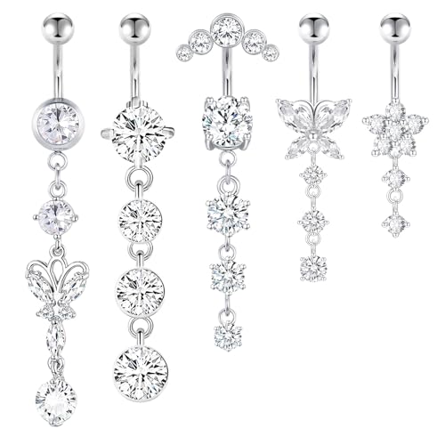 CharmBurst 5 Stück Hängendes Bauchnabelpiercing, Chirurgenstahl Bauchnabelpiercing Silber, Belly Button Ring mit Zirkonia, Wasserfestes Lang Belly Piercing Set