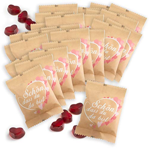 FOOD crew Fruchtgummi Herzen „Schön, dass du da bist“ 25 x 10 g - Herz Gummibärchen - Als Gastgeschenke Hochzeit Süßigkeiten - Schön dass du da bist Gastgeschenk - Hochzeit Gastgeschenk