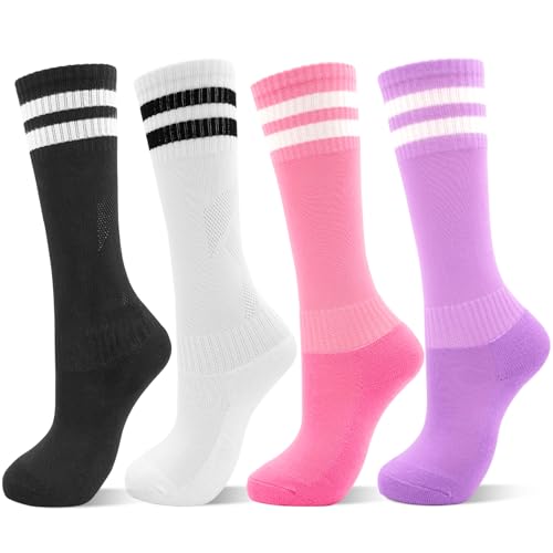 DECOVICI Kinder Fußballsocken für Mädchen und Jungen 4 Paar, Kniestrümpfe Fussball Socken für Kinder, Lange stutzen kinder fußball für 3-13 Jahre Rugby Tägliches(7-13Jahre,Schwarz+Weiß+Rosa+Lila)