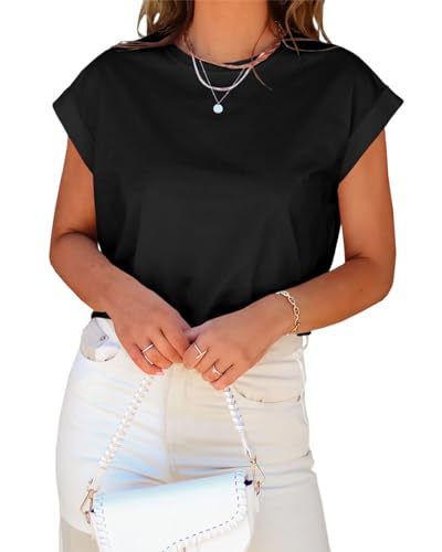 Tankaneo Damen Kurzarm Crop Tops Sommer T-Shirts Rolled Dolman Sleeve Casual Rundhalsausschnitt Solid Short Basic Tees