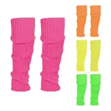 80er 90er Damen Beinwärmer Stulpen Legwarmers Neon Strümpfe Gestrickte,4 Stück Bein Stulpen Schweißband Set, Aerobic Kostüm Accessoires für Karneval Mottoparty Tanzen (Rose Gelb Grün Orange)