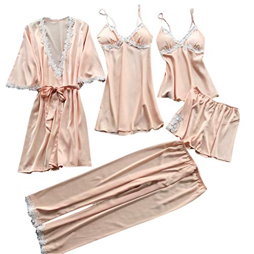 Damen 5 Stücke Satin Schlafanzug Set Spitze Kimono Robe Pyjama Set Sexy Negligee und Shorts Nachthemd 4-teiliges Set, Mit Brustpolster