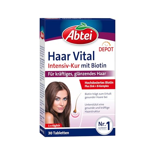 Abtei Haar Vital Intensiv-Kur - Hochdosiertes Biotin, Zink und Vitamin B-Komplex mit Depot-Effekt - für kräftiges, glänzendes Haar - vegan - 30 Tabletten