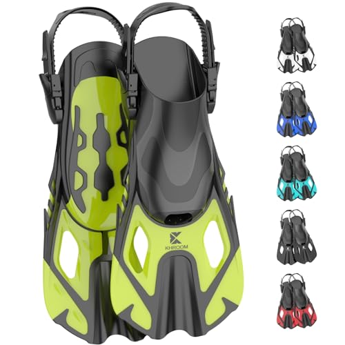 Khroom Kurze Flossen Erwachsene / Kinder Gr.32-47 | verstellbare Schnorchelflossen kurz | Schwimmflossen Kurzflossen zum Schnorcheln | Taucherflossen einstellbar zum Schwimmen / Tauchen (Grün 42-47)